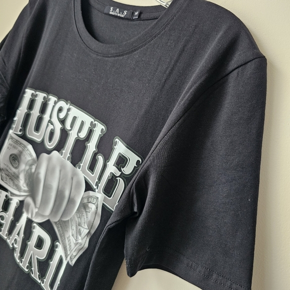 Black Slim Stretch T-Shirt - Hustle Hard Graphic - Picture 4 of 6